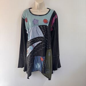 Vintage 90s Y2K Tunic Shirt XL Patchwork Peace Sun Moon Boho Witchy Wearable Art